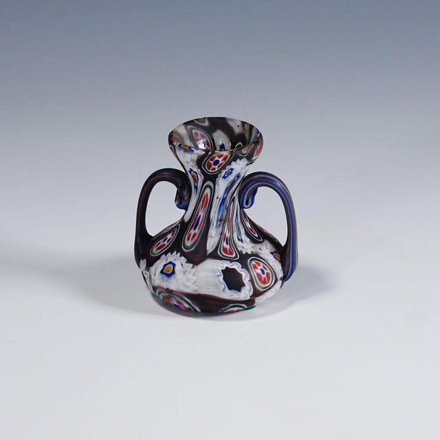 Antique Millefiori Vase in Violet and White with Handles, Fratelli Toso Murano ca. 1900s A colorful millefiori murrine...