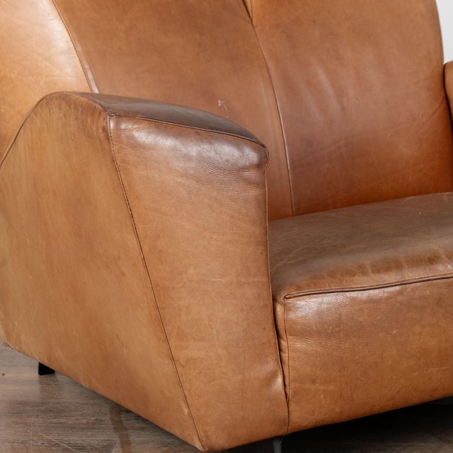 Brown Mid Century Modern Pair of Large Cognac Leather Club Chairs For Sale - Image 8 of 17