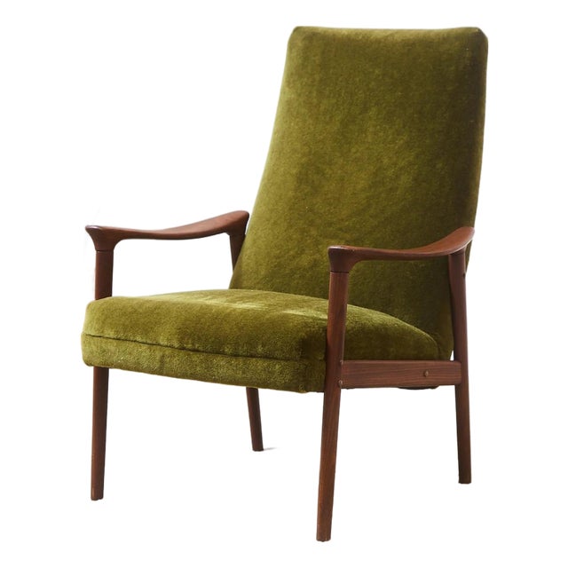 Mid 20th Century Styled After Solid Teak Westnofa Norway Olive Green Mohair Lounge Chair For Sale