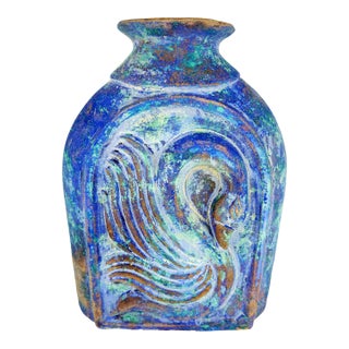 1960s Large Hand-Built Painted Clay Vase With Swan Relief, Mid-Century Studio Art Pottery For Sale