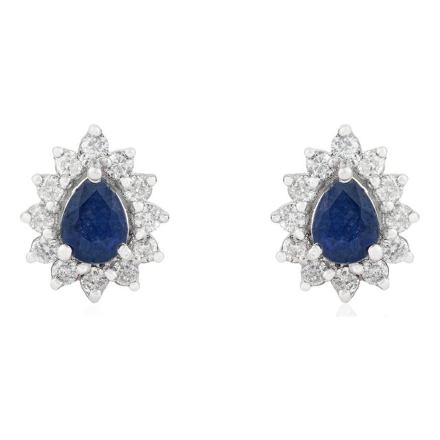 Blue Sapphire & Diamond Vintage Stud Earrings in 14k Gold- 2 Pieces For Sale
