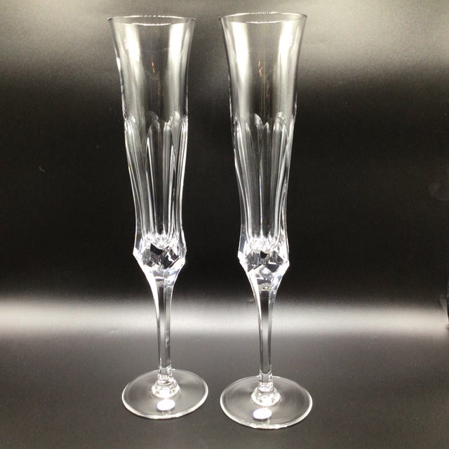 Hollywood Regency Pair of Very Tall Bohemia Crystal Art Glass Champagne Flutes With Original Box For Sale - Image 3 of 13