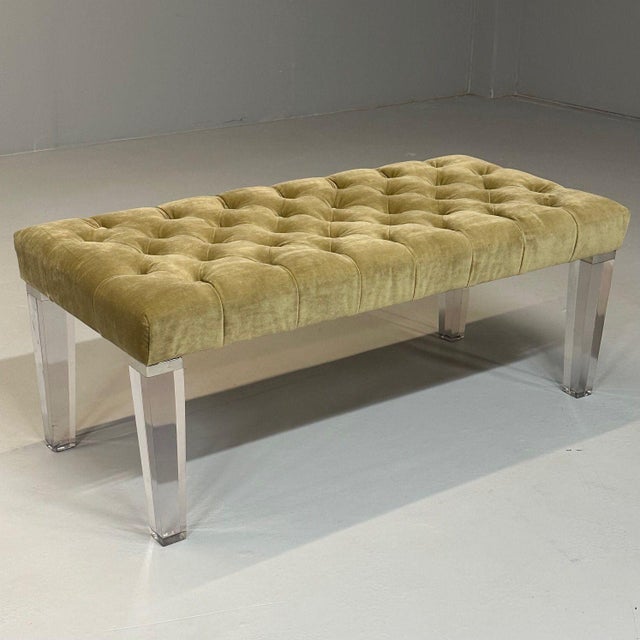 Contemporary, Modern Tufted Window Bench, Chrome, Acrylic, Green Velvet, 2010s Retails for $2,272 IPZ