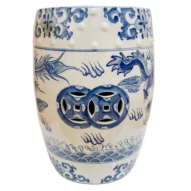 Blue Chinese Blue & White Garden Stool With Dragon & Phoenix For Sale - Image 8 of 9