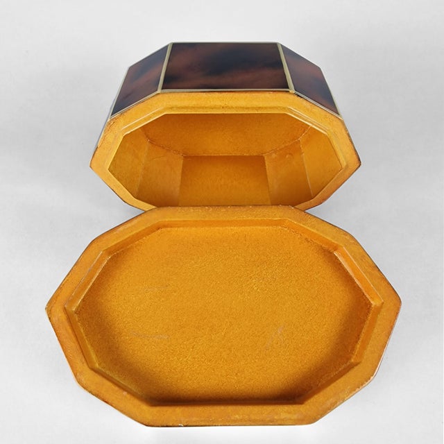 Brown Vintage Maitland Smith Decagon Georgian Style Faux Tortoise Shell Decorative Box Caddy For Sale - Image 8 of 10