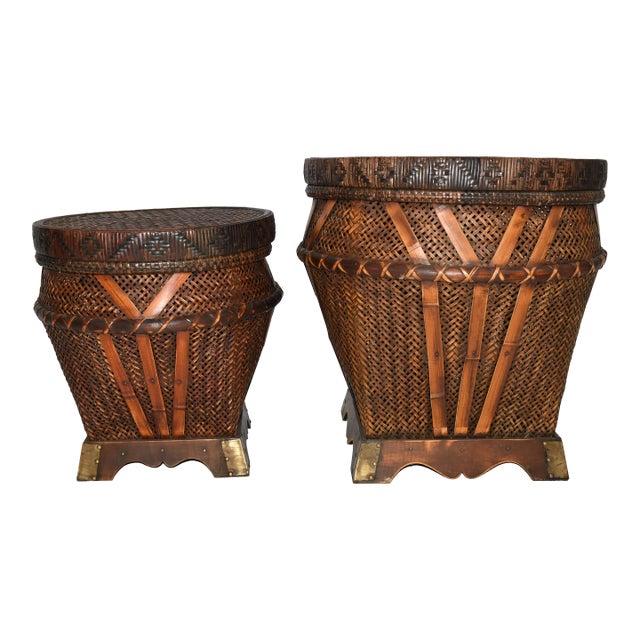 1980s Woven Decorative / Storage Baskets With Lids - Set of 2 For Sale