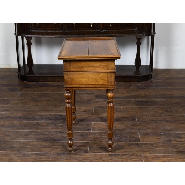 French 19th Century Walnut Side Table with Tray Top, Fluted Legs and Six Drawers For Sale - Image 9 of 12