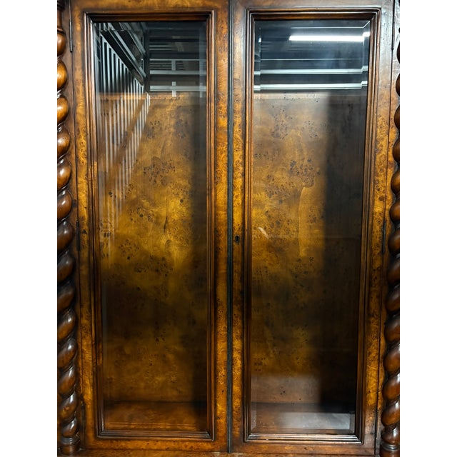 Bookcase or Display Cabinet Burl Wood and Twist Columns, Mid 20th Century. Barley twist columns in a Jacobean style. Upper...