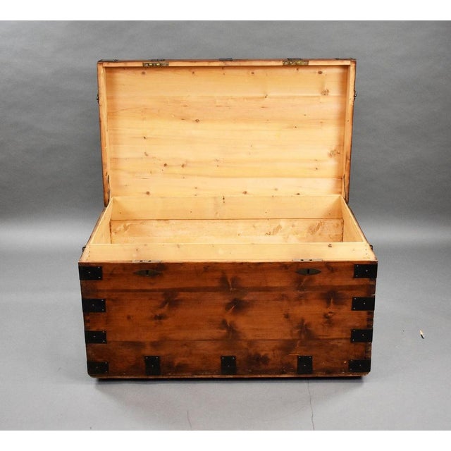 Wood Antique Iron Bound Pine Trunk, 1890s For Sale - Image 7 of 9