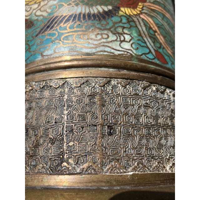 Antique Chinese Bronze & Cloisonné Phoenix Umbrella Stand For Sale - Image 10 of 12