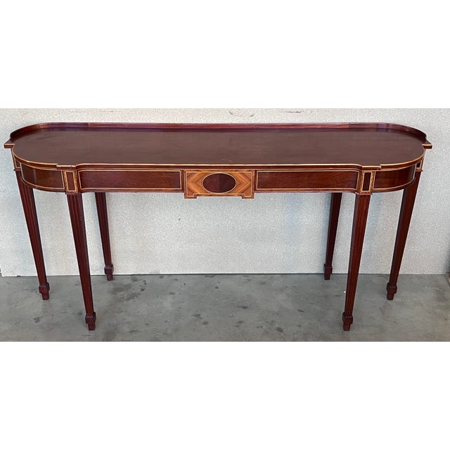 French Early 20th French Oval Demilune Large Console Table With Marquetry and Drawers For Sale - Image 3 of 13