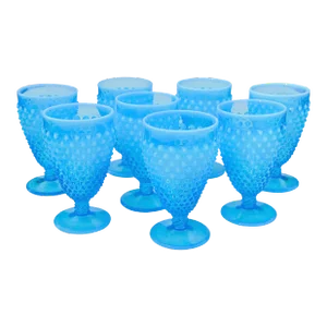 Mid 20th Century Blue Handblown French Opalescent Glasses- Set of 8