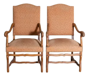 Early 20th Century Pair of French Louis XIII Style Walnut Os de Mouton Chairs with Scrolling Arms