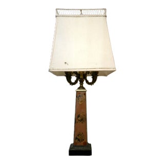 Mid 19th Century Victorian Elm and Brass Decoupage Lamp and Shade With Finial For Sale