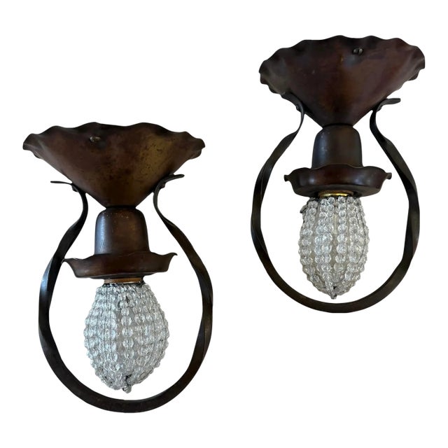 Early 20th Century Rare Crystal Beaded Cased Bulb Ceiling Fixtures - a Pair For Sale