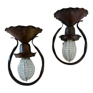 Early 20th Century Rare Crystal Beaded Cased Bulb Ceiling Fixtures - a Pair