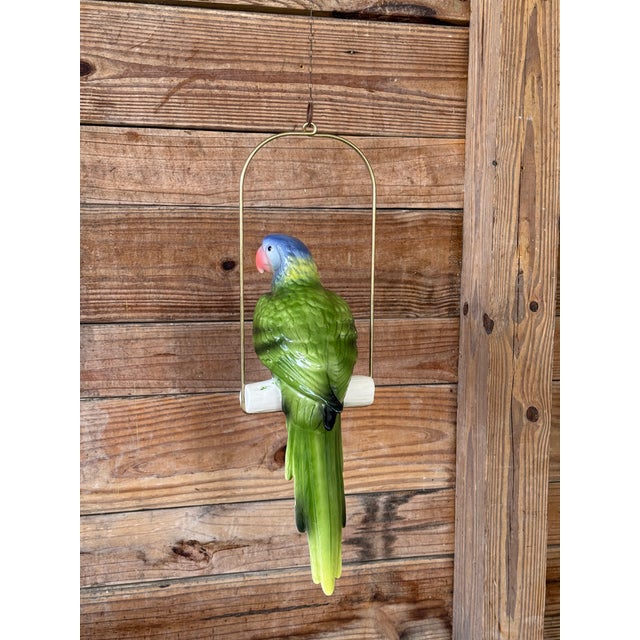 Vintage Ceramic Glazed Parrot on Brass Perch With Hanging Chain For Sale - Image 9 of 11