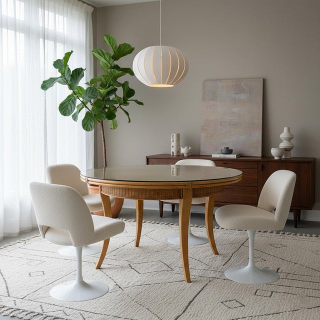 Vintage Round Woven Wicker & Rattan Herringbone Parquetry Dining Table - 48" For Sale - Image 4 of 13