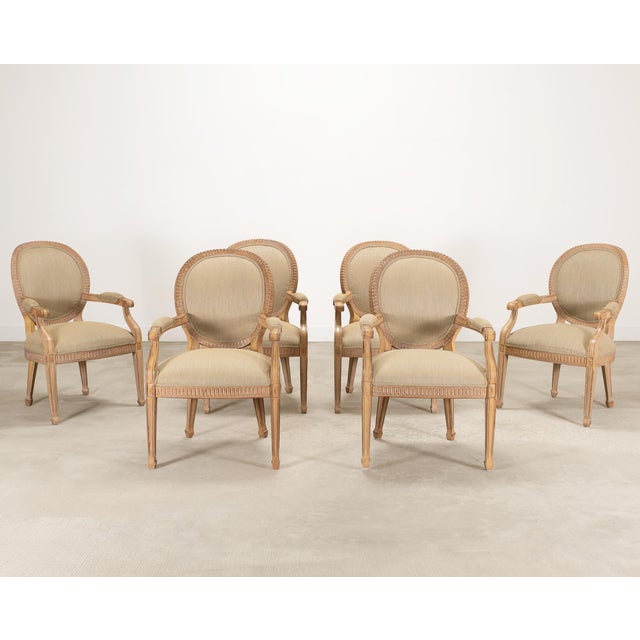 French Set of Six Kreiss Louis XVI Style Cerused Oak Dining Armchairs For Sale - Image 3 of 18