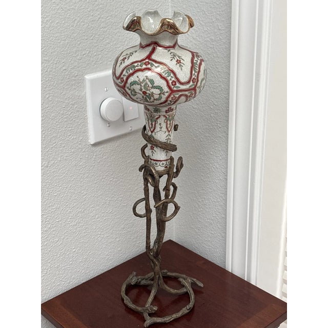 Mid 20th Century Vintage Chinese Porcelain Cloisonné Vase Bronze Stand Vines Floral Famille For Sale - Image 5 of 10