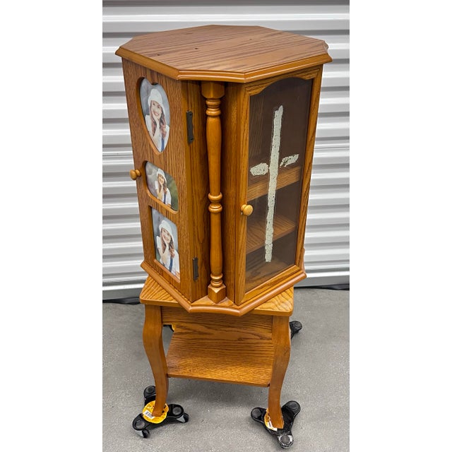 1960s Mid Century Revolving Jewelry Armoire in Oak Finish Free Standing Pilasters Mirror Chest of Draws For Sale In Los Angeles - Image 6 of 17