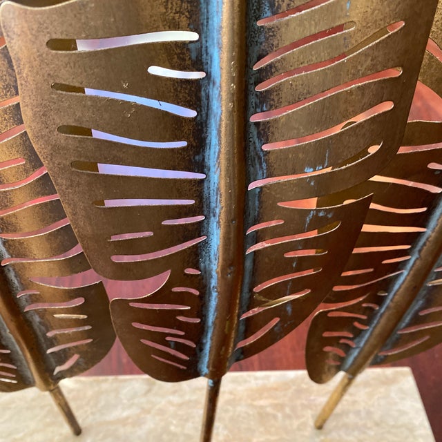 Banana Leaf Metal Sculpture With Distressed Gold Tone Finish Mounted on a Marble Base For Sale - Image 10 of 12