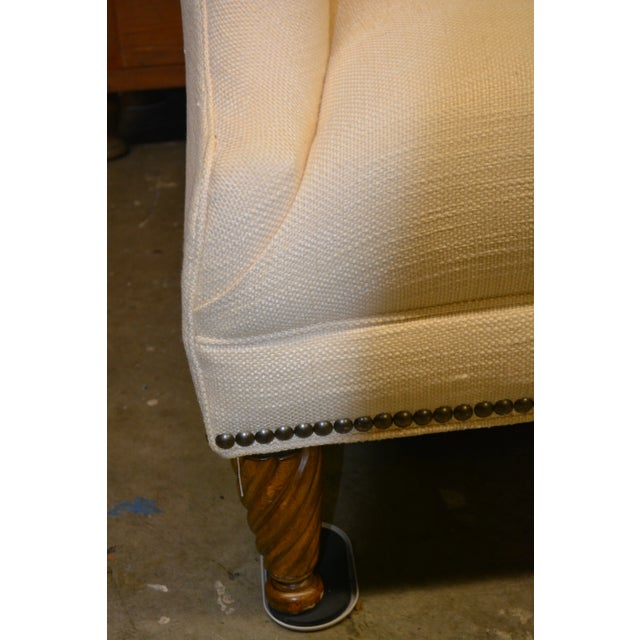 1990s Lexington Cream Burlap Weave Vintage Style Sofa Couch W/ High Scroll Arms / Nail Head Trim For Sale - Image 11 of 12