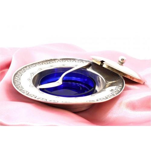 Silver Butter Dish with Casing Engravings, Blue Glass Core and Knife, Set of 2 For Sale - Image 6 of 10