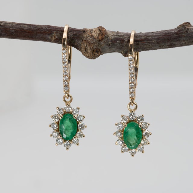 Modern Zambian Emerald Earrings With Natural Diamonds Accents: Solid 14k Gold, 6x4mm, A Pair For Sale - Image 3 of 7