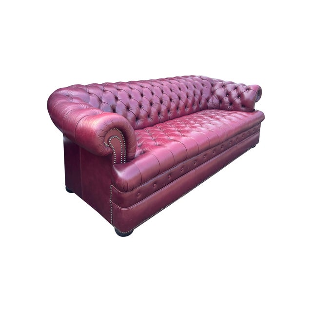 Modern Vintage Chesterfield Tufted Leather Sofa With Brass Rivets in Red For Sale - Image 3 of 9