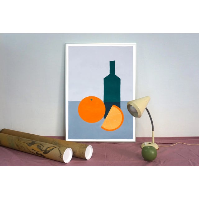 Paint 2023 "Wine Bottles and Oranges" Naif Style Modern Still Life Painting by Gio Bellagio For Sale - Image 7 of 8