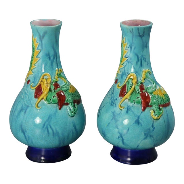 Rare Pair Worcester Majolica Dragon Vases For Sale