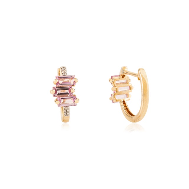 Not Yet Made - Made To Order 14k Yellow Gold Pink Sapphire & Diamond Baguette Huggie Hoop Earrings for Gift- 2 Pieces For Sale - Image 5 of 12