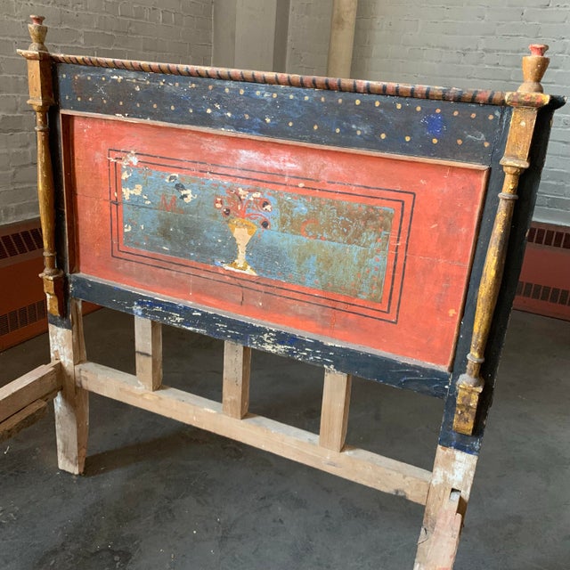 Antique Folk Art Primitive Hand Painted Carved Bed With Swan Carvings For Sale In Baltimore - Image 6 of 12