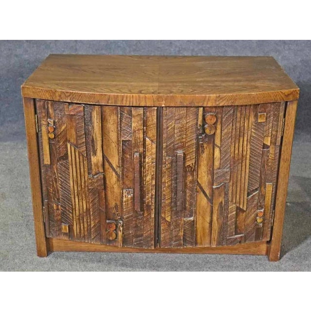 Pair of mid-century side tables with storage. Designed by Lane Furniture for their Pueblo collection, featuring a mosaic...