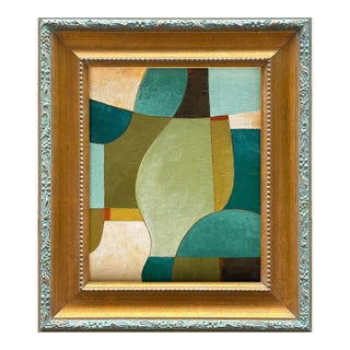 Contemporary Abstract Green Color-Block Oil Painting in Vintage Frame For Sale