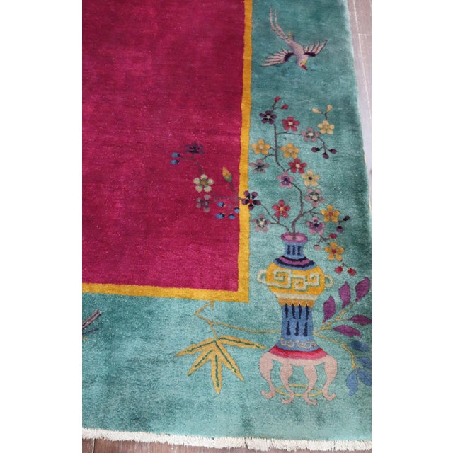 Antique Handmade Art Deco Chinese Carpet, 8'8" x 11'4", c-1920, a cheerful cherry red and green color background with...