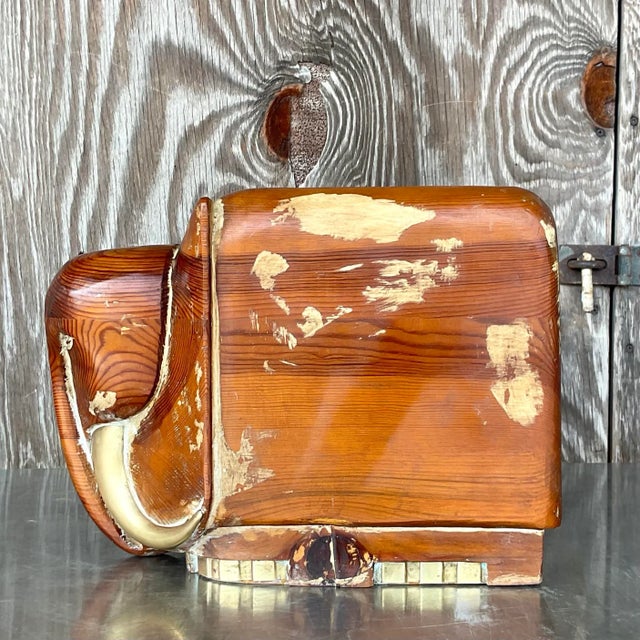 Vintage Boho Carved Wood and Brass Elephant For Sale - Image 4 of 8