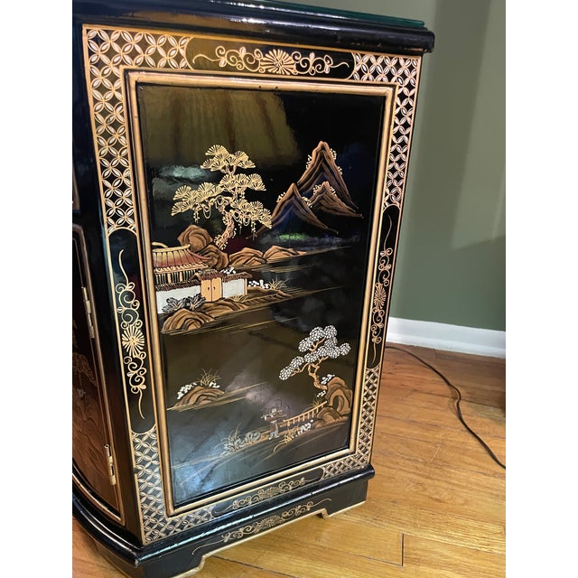 1970s VIntage Petite 19" Hand-Painted Gilt Chinoiserie "Shan Shui" Demilune Cabinet For Sale - Image 5 of 13