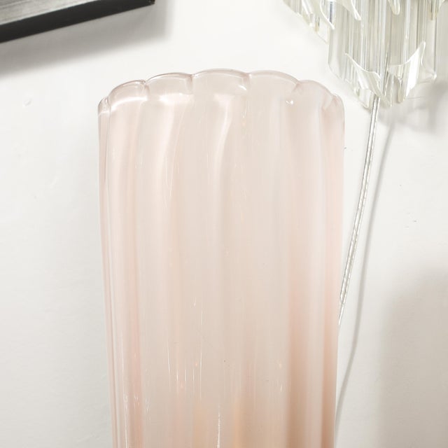 Modernist Hand-Blown Fluted Murano Glass Sconces W/ Orbital Drop in Frosted Rose For Sale - Image 11 of 12