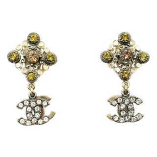 Chanel Gold Argyle Citrus Crystal Overlapped CC Dangle Piercing Earrings, A Pair For Sale