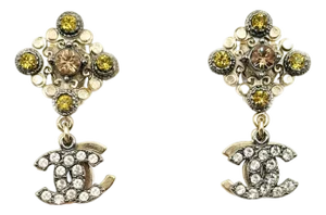 Chanel Gold Argyle Citrus Crystal Overlapped CC Dangle Piercing Earrings, A Pair