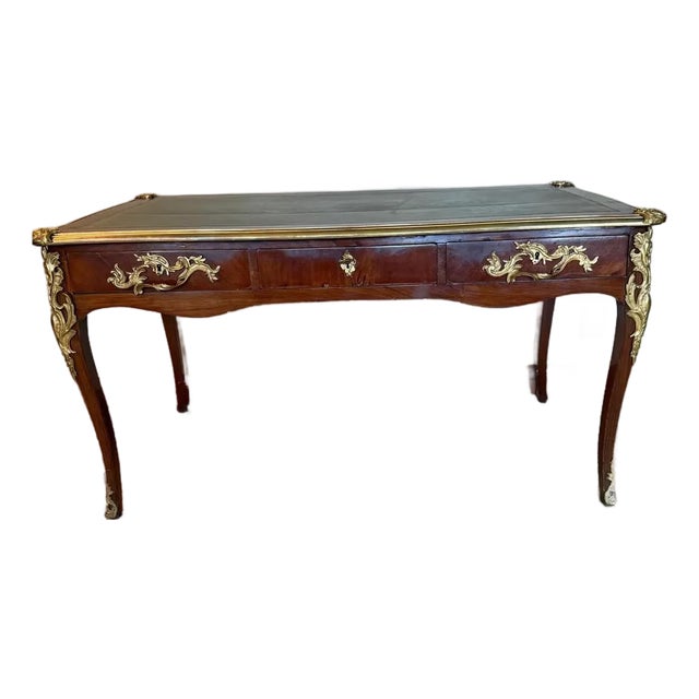 Early 20th Century French Desk Bureau Plat,Louis XV Revival Style, Green Leather Surface With Gold Tooling For Sale