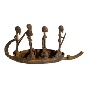 Vintage Dogon Bronze Pirogue Crocodile Boat W/ Figures , Mali 10.5" W
