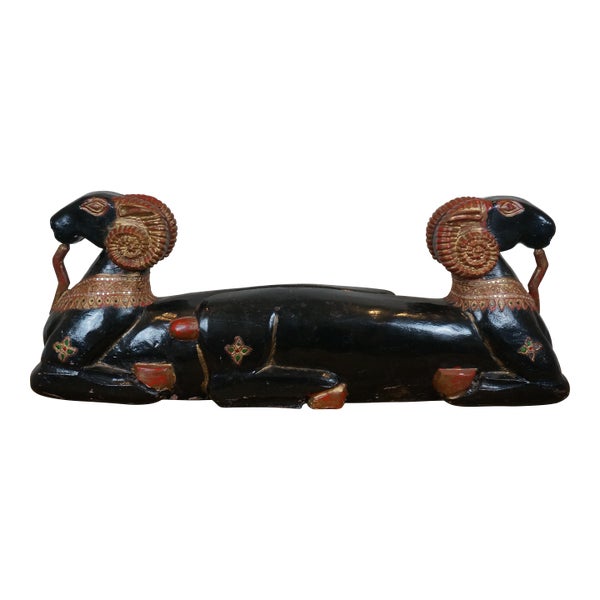 Late 20th Century Egyptian Revival Two Headed Ram Goat Wood Carved