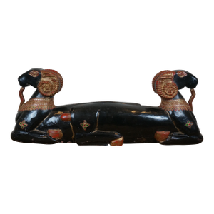 Late 20th Century Egyptian Revival Two Headed Ram Goat Wood Carved Lacquered Sculpture 41"