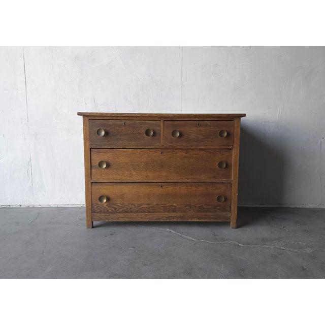 Antique Oak 4 Drawer Dresser Chest With Brass Pulls For Sale - Image 4 of 10