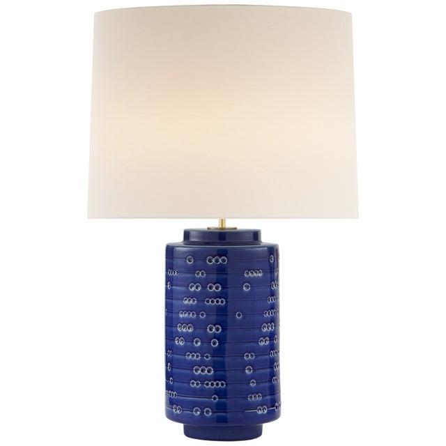 Transitional AERIN for Visual Comfort Signature Darina Large Table Lamp in Pebbled Blue with Linen Shade For Sale - Image 3 of 5