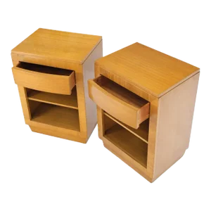 Pair Art Deco Mid-Century Modern Blond Mahogany 1 Drawer Shelf Night Stands