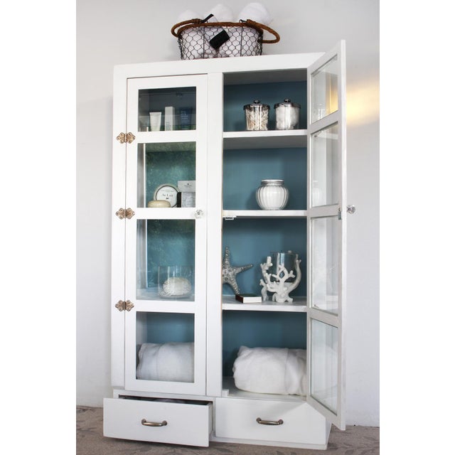 Vintage Primitive White Cottage Style Glass Door Cabinet ...